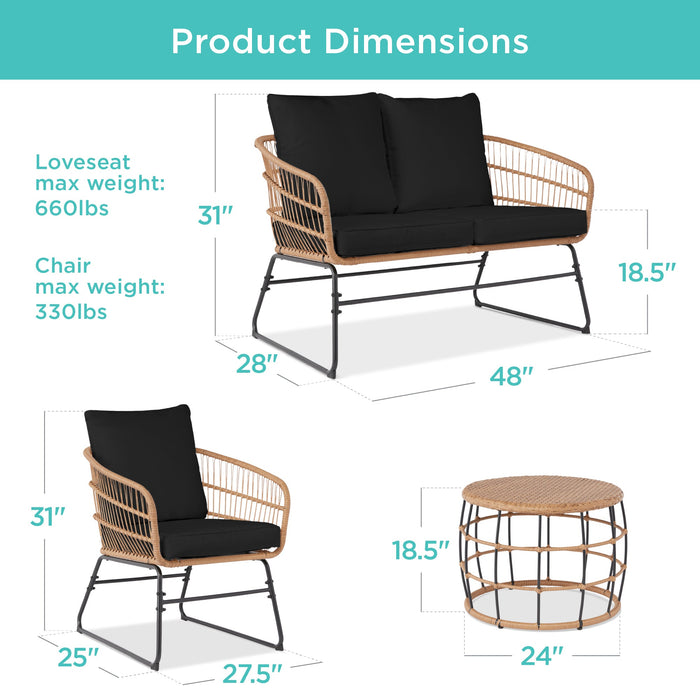 Ensemble de conversation d'extérieur en osier et corde 4 pièces avec coussins et table