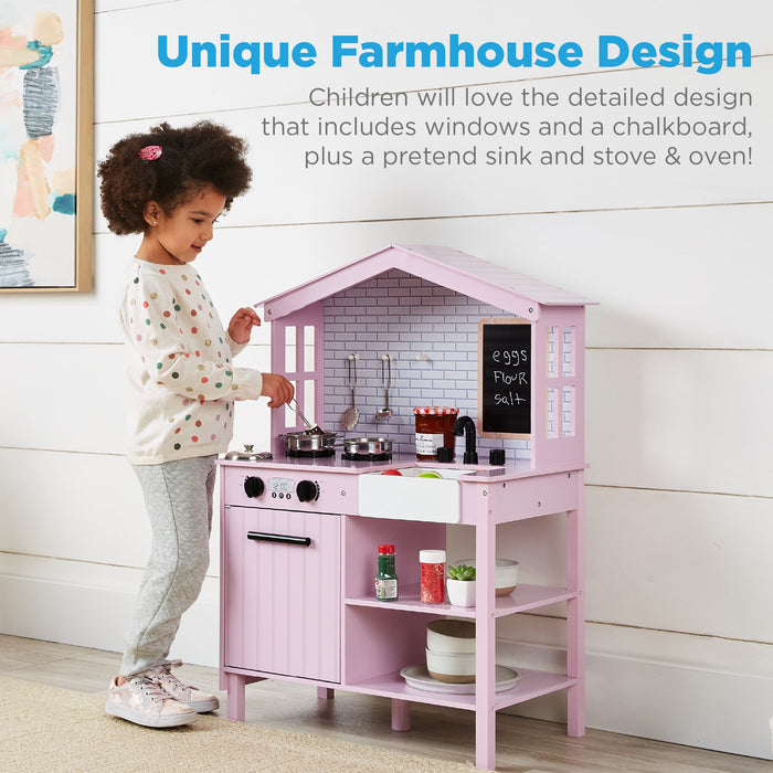 Pretend Play Wooden Farmhouse Kitchen Set w/ Storage, 5 Accessories