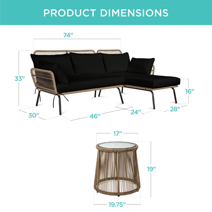Rope Woven Sectional, L-Shape Sofa Set w/ Detachable Lounger, Table