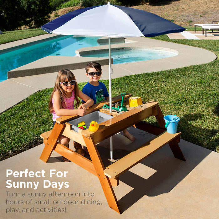 Table de pique-nique d'extérieur en bois avec sable et eau 3 en 1 pour enfants et parasol