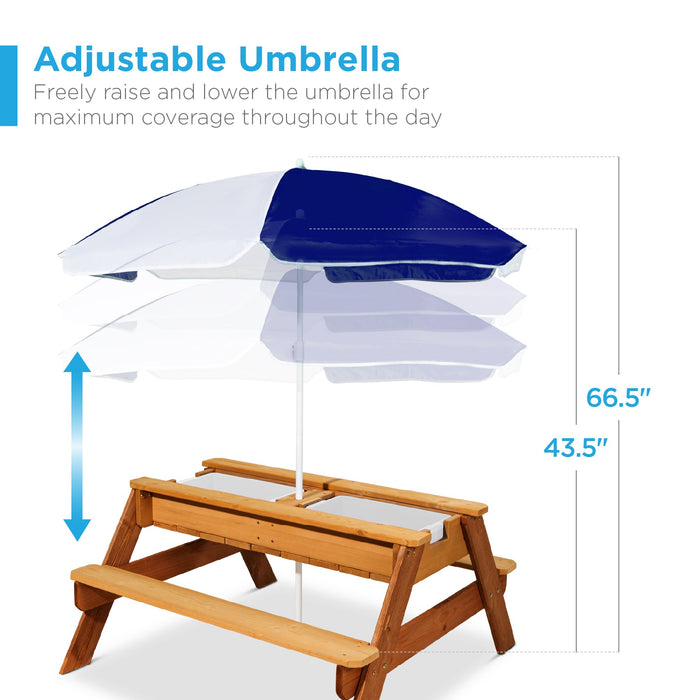 Table de pique-nique d'extérieur en bois avec sable et eau 3 en 1 pour enfants et parasol