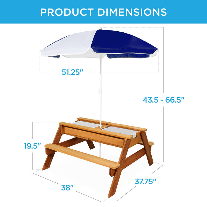 Table de pique-nique d'extérieur en bois avec sable et eau 3 en 1 pour enfants et parasol