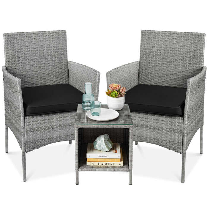 3-Piece Outdoor Patio Wicker Bistro Set w/ Side Storage Table