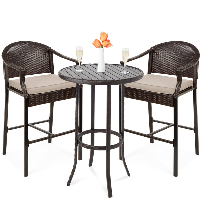 3-Piece Outdoor Bistro Wicker Table Bar Set w/ Bar Stools, Footrests