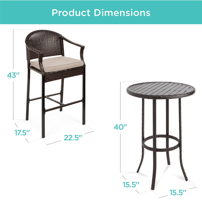 Ensemble de bar en osier pour bistrot d'extérieur 3 pièces avec tabourets de bar et repose-pieds