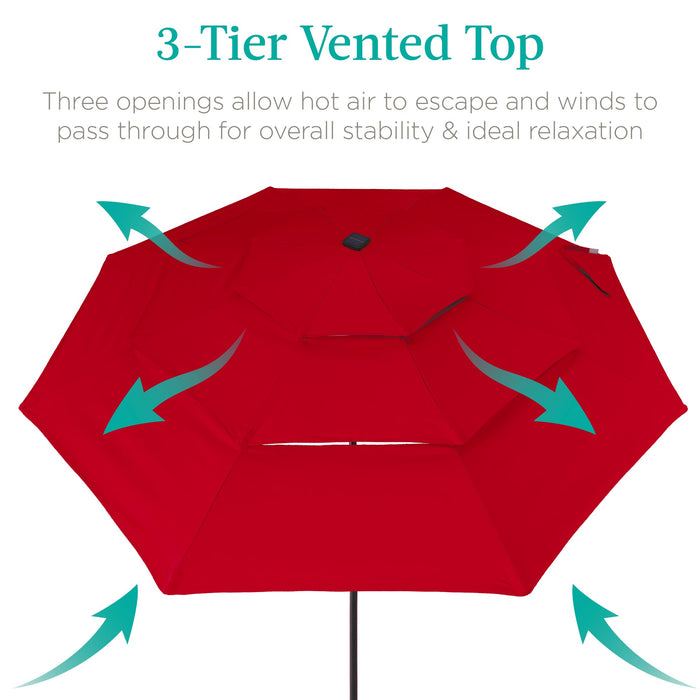 3-Tier Solar Patio Umbrella w/ LED Lights, Tilt Adjustment, Crank - 10ft