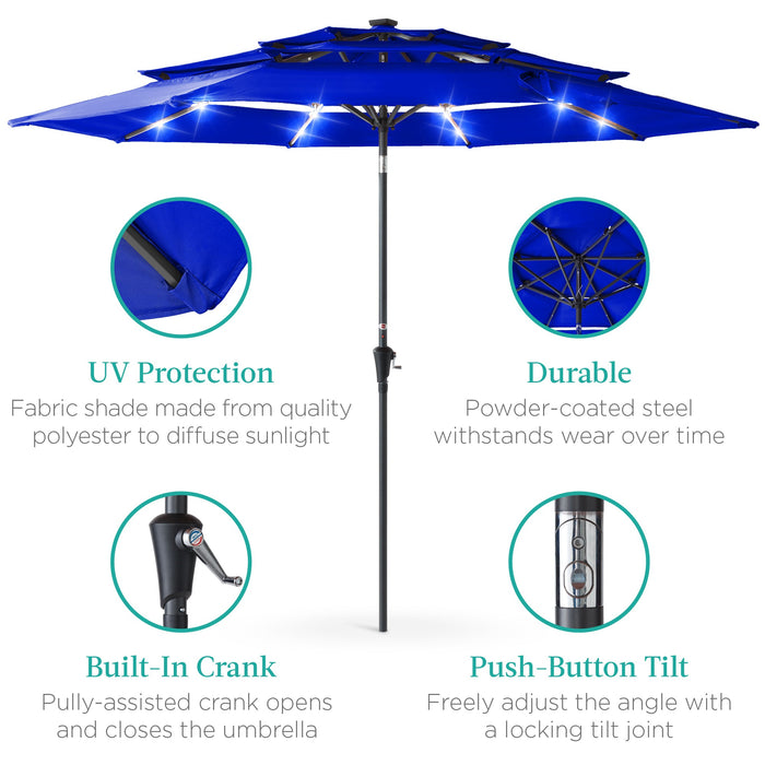 3-Tier Solar Patio Umbrella w/ LED Lights, Tilt Adjustment, Crank - 10ft