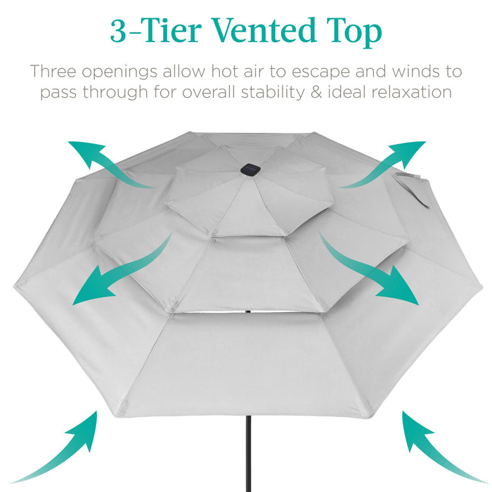 3-Tier Solar Patio Umbrella w/ LED Lights, Tilt Adjustment, Crank - 10ft