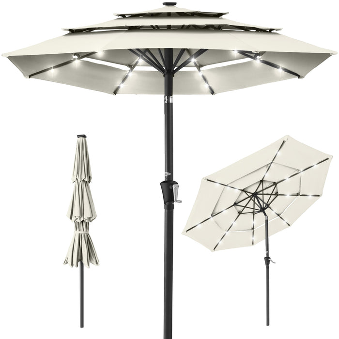 3-Tier Solar Patio Umbrella w/ LED Lights, Tilt Adjustment, Crank - 10ft