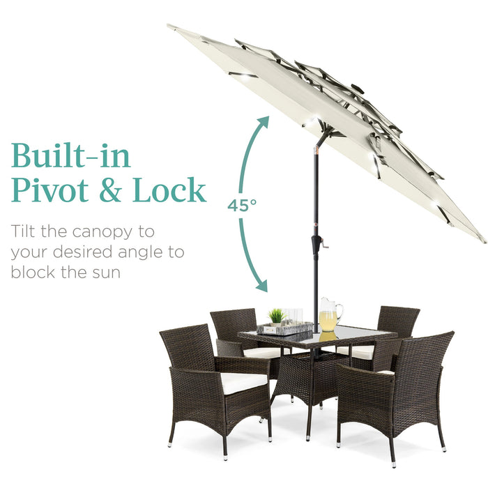 3-Tier Solar Patio Umbrella w/ LED Lights, Tilt Adjustment, Crank - 10ft