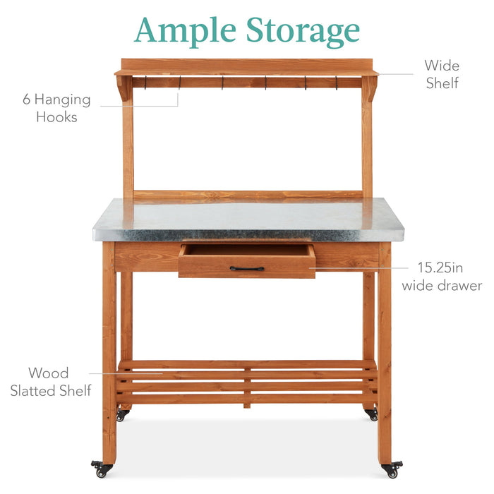 Mobile Outdoor Table and Storage Cabinet w/ 4 Wheels, Stainless Steel Top