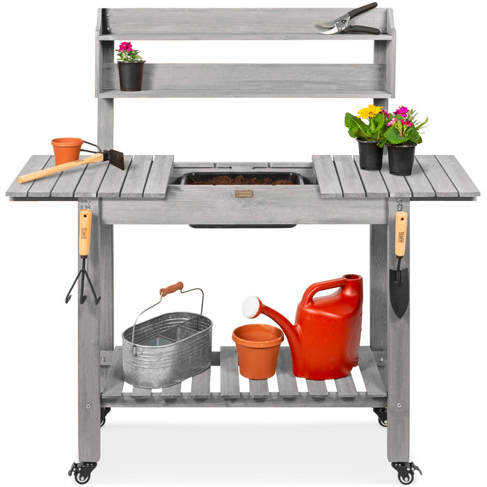 Wood Garden Potting Bench w/ Sliding Tabletop, Food Grade Dry Sink, Wheels