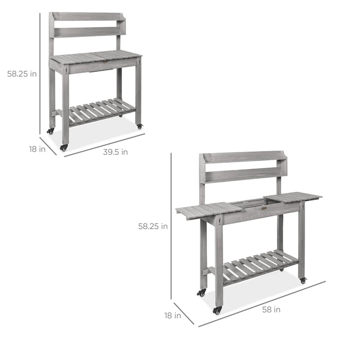 Banc de jardin en bois avec plateau coulissant, évier sec de qualité alimentaire, roulettes