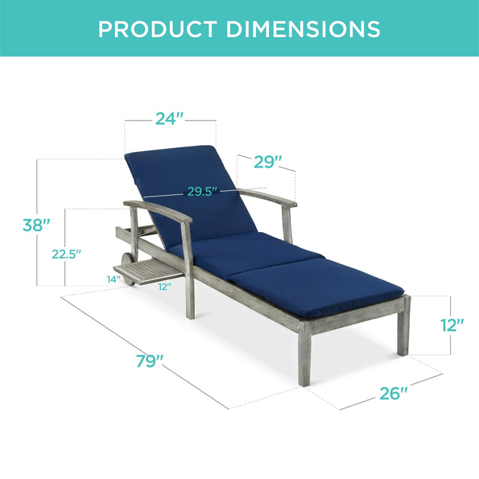 Adjustable Acacia Wood Chaise Lounge Chair w/ Side Table, Wheels - 79x26in