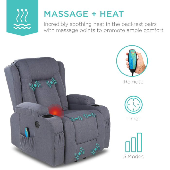 Fauteuil de massage inclinable électrique avec chauffage, port USB et porte-gobelets