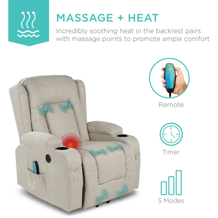 Fauteuil de massage inclinable électrique avec chauffage, port USB et porte-gobelets