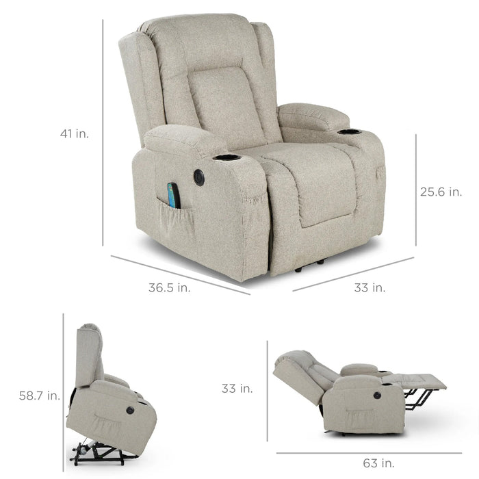 Fauteuil de massage inclinable électrique avec chauffage, port USB et porte-gobelets