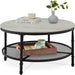 2-Tier Round Industrial Wood & Steel Coffee Table, Storage Shelves - 35.5in