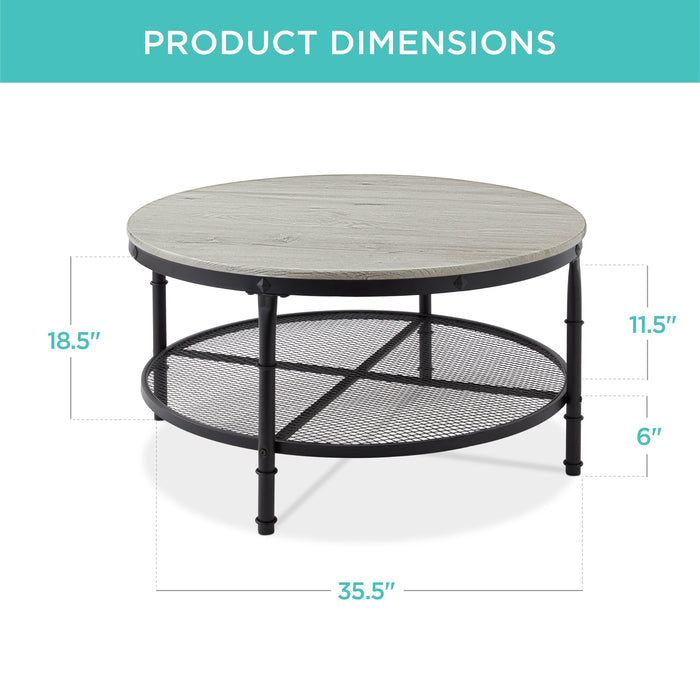 Table basse ronde industrielle à 2 niveaux en bois et acier, étagères de rangement - 35,5 po