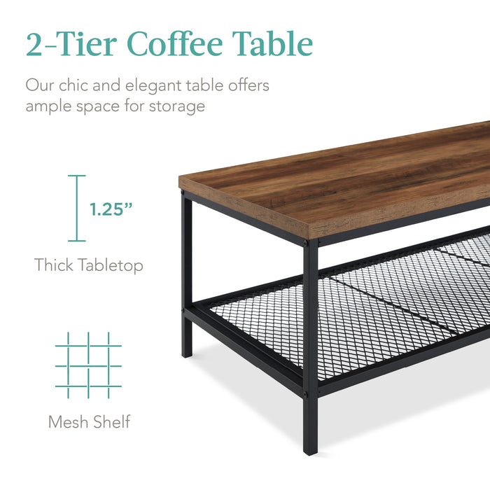 2-Tier Modern Coffee Table Industrial Rectangular Accent w/ Shelf - 44in