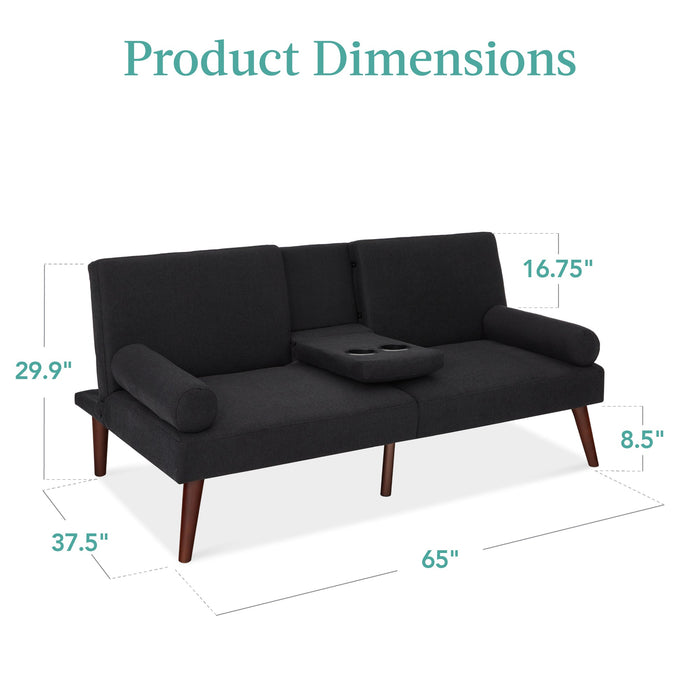 Futon convertible rembourré en tissu avec accoudoirs arrondis et 2 porte-gobelets