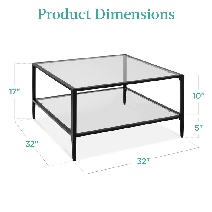 2-Tier Large Square Coffee Table Living Room Accent w/ Glass Top - 32"