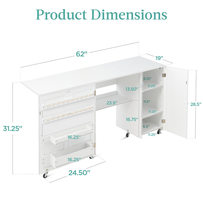 Large Portable Folding Sewing Table Multipurpose Craft Station w/ Wheels