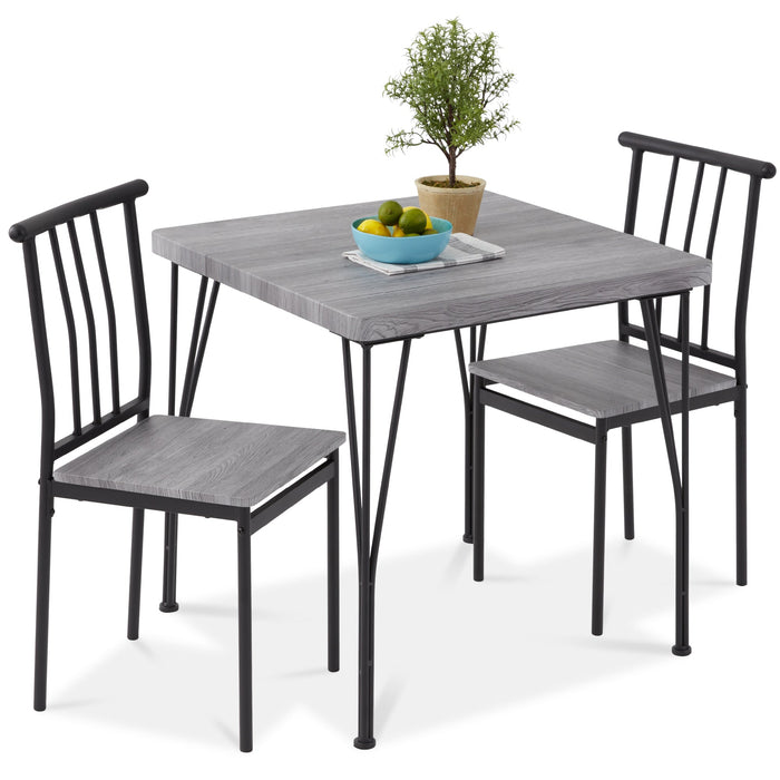 3-Piece Metal Wood Square Dining Table Furniture Set w/ 2 Chairs