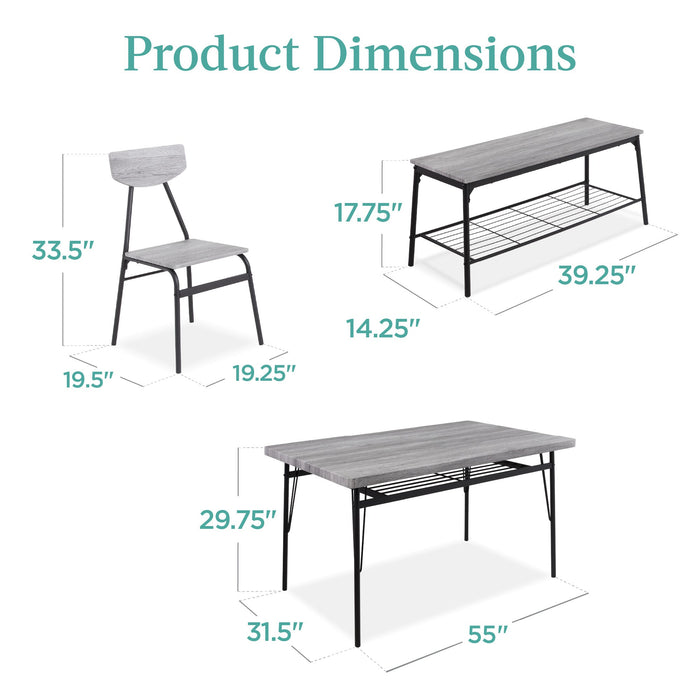 Ensemble de salle à manger moderne 6 pièces avec étagères de rangement, table, banc, 4 chaises - 55 po