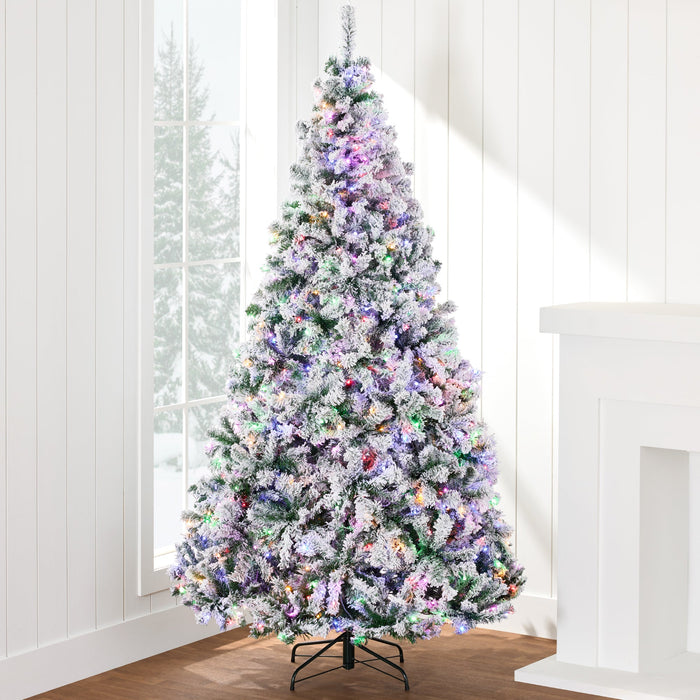 Sapin de Noël artificiel floqué de neige pré-éclairé avec lumières multicolores