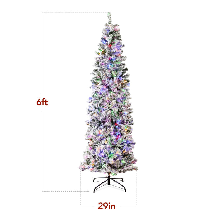 Pre-Lit Snow Flocked Artificial Pencil Christmas Tree w/ Multicolor Lights