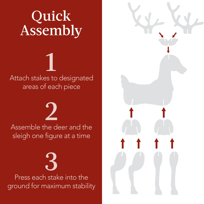 Ensemble de 3 silhouettes de cerf et de traîneau pour décoration de jardin de Noël avec piquets - 4 pieds