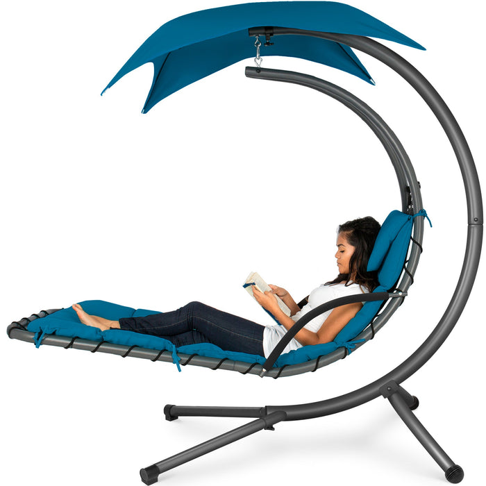 Hanging Curved Chaise Lounge Chair w/ Built-In Pillow, Removable Canopy