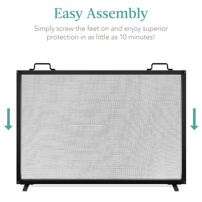 Single Panel Handcrafted Steel Mesh Fireplace Screen w/ Handles - 38x27in