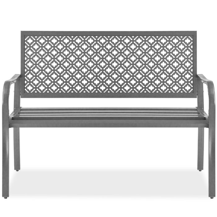 Indoor Outdoor Steel Bench w/ Geometric Backrest, Foot Levelers