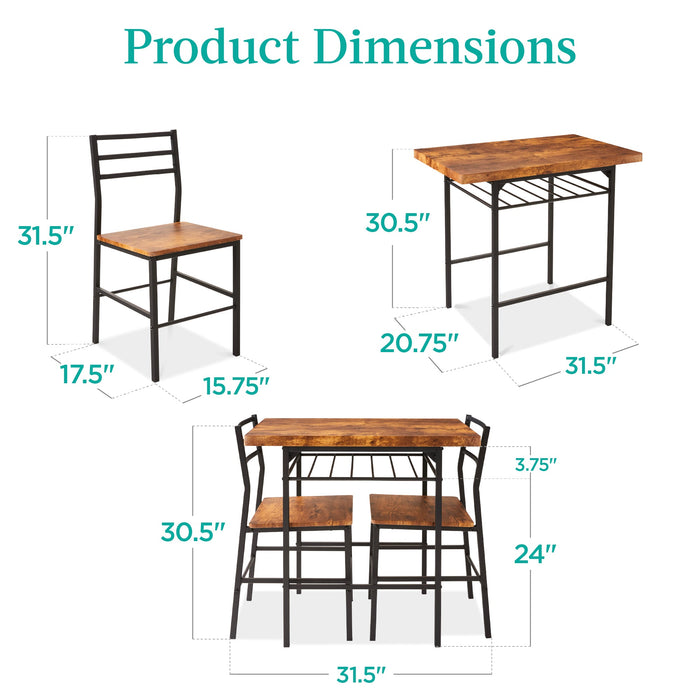 3-Piece Modern Square Dining Set w/ Storage Rack