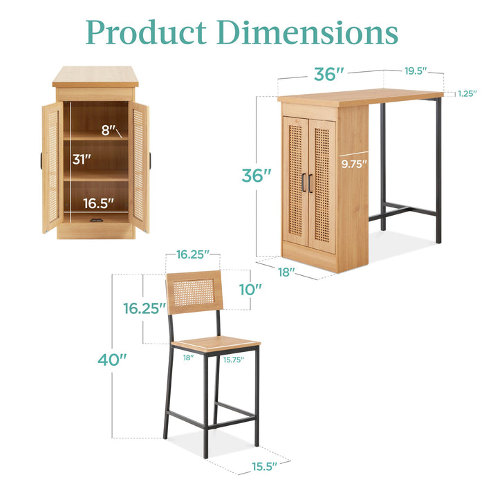 Ensemble de table à manger de cuisine en rotin à hauteur de comptoir 3 pièces avec étagères de rangement