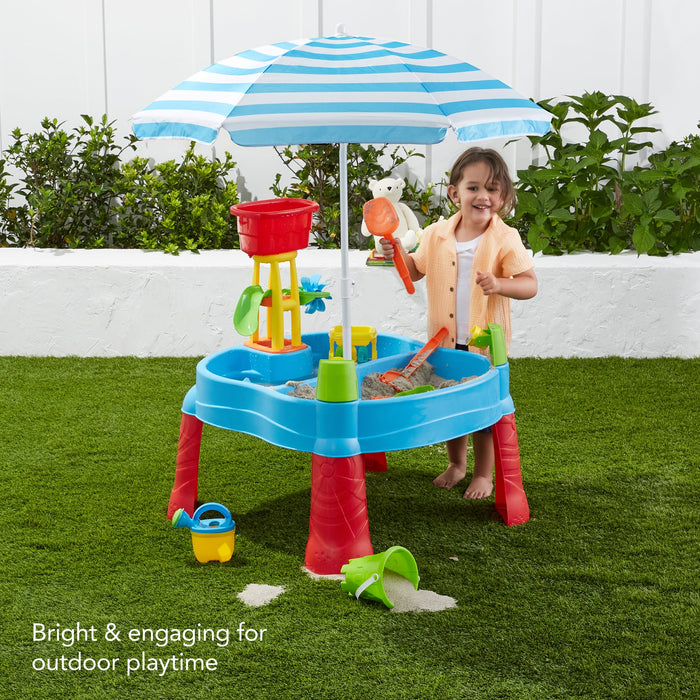 Table d'extérieur pour enfants avec sable et eau, 18 accessoires et parasol réglable