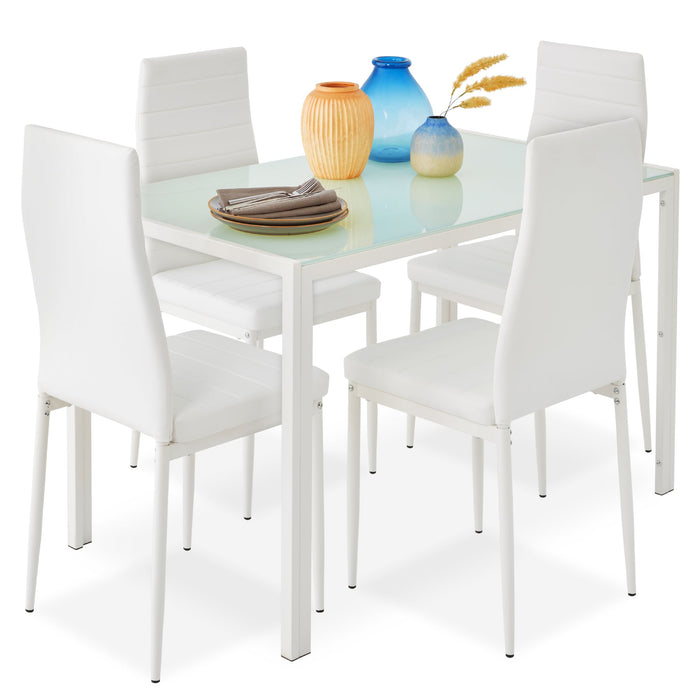 5-Piece Dining Table Set w/ Glass Top, Leather Chairs