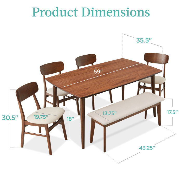 6-Piece Mid-Century Modern Upholstered Wooden Dining Set w/ 4 Chairs, Bench