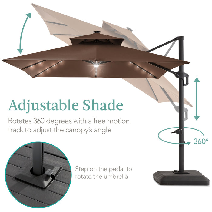 2-Tier Square LED Cantilever Offset Umbrella w/ 360 Rotation, Base - 10x10ft