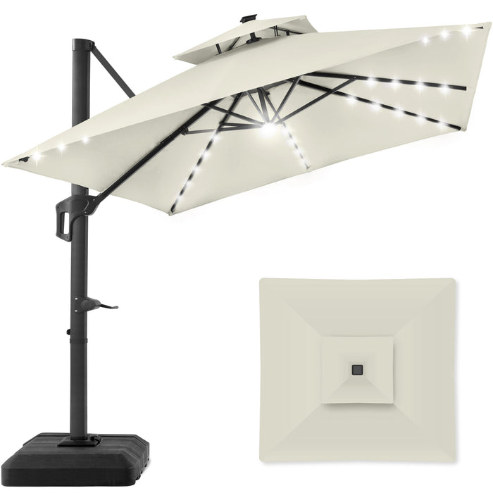 2-Tier Square LED Cantilever Offset Umbrella w/ 360 Rotation, Base - 10x10ft