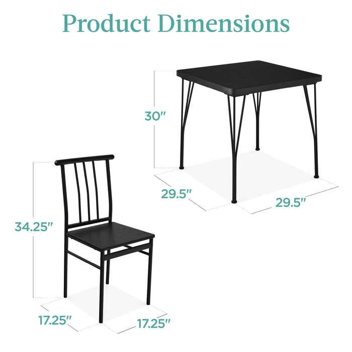 3-Piece Metal Wood Square Dining Table Furniture Set w/ 2 Chairs