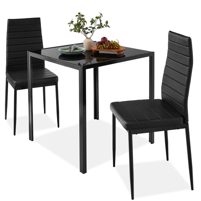 3-Piece Dining Table Set w/ Glass Top, Leather Chairs