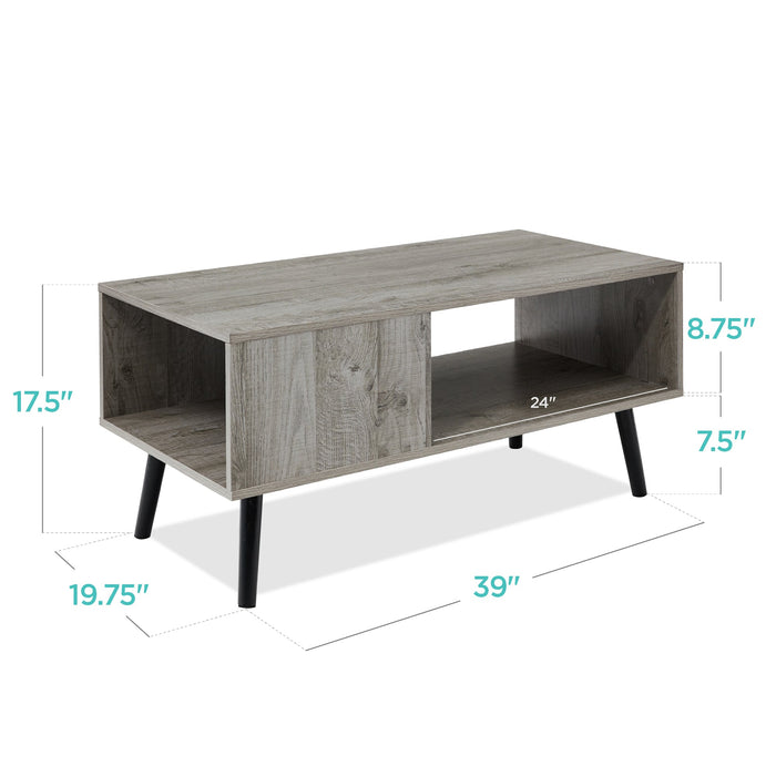 Wooden Mid-Century Modern Coffee Accent Table w/ Open Storage Shelf