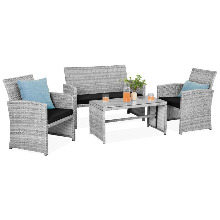 4-Piece Outdoor Wicker Conversation Patio Set w/ 4 Seats, Glass Table Top