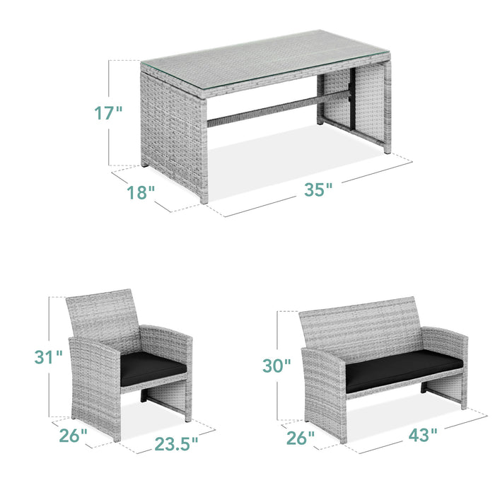 Ensemble de patio extérieur en osier de 4 pièces avec 4 sièges et plateau de table en verre