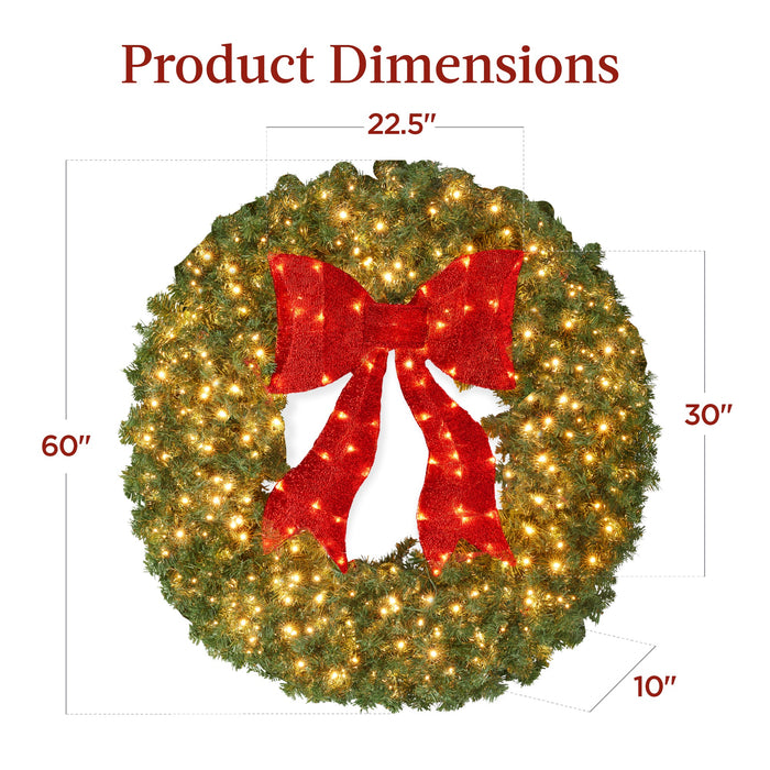 Couronne de Noël artificielle en sapin pré-éclairé avec nœud rouge et lumières LED