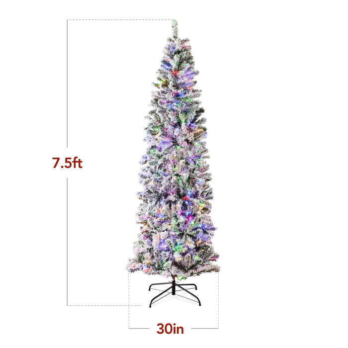 Pre-Lit Snow Flocked Artificial Pencil Christmas Tree w/ Multicolor Lights