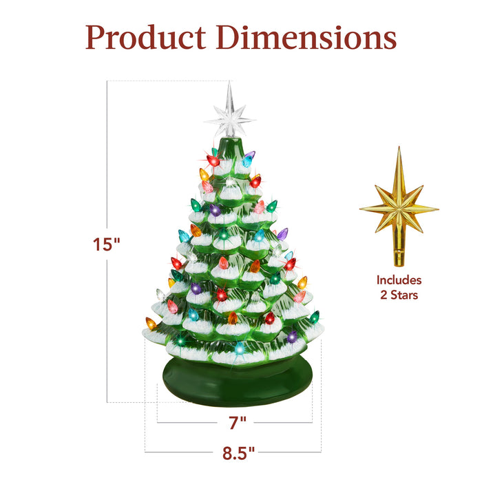 Sapin de Noël de table en céramique pré-éclairé avec lumières - 15 pouces